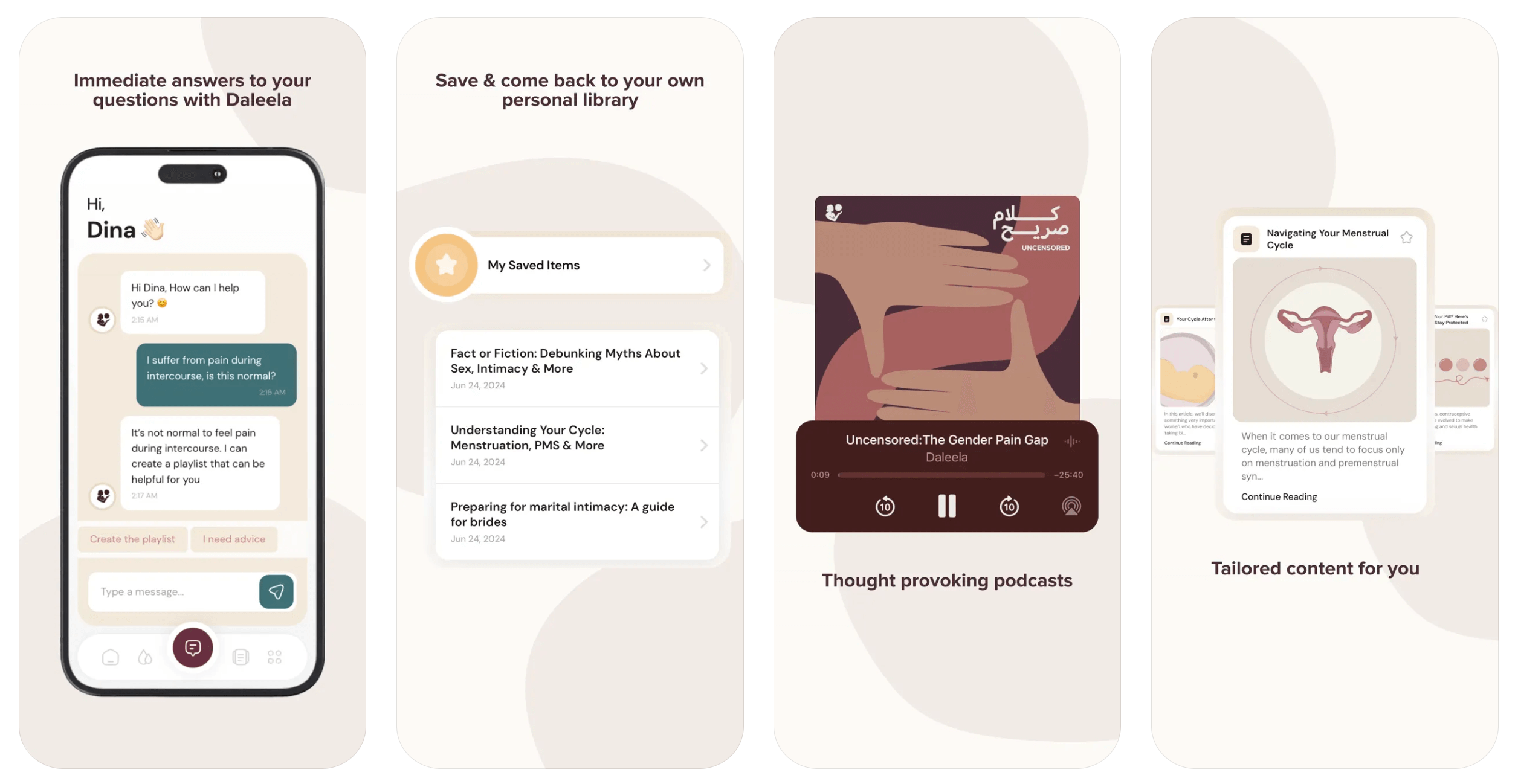 Four sections of Daleela's app: chatbot, personal library, podcasts and tailored content