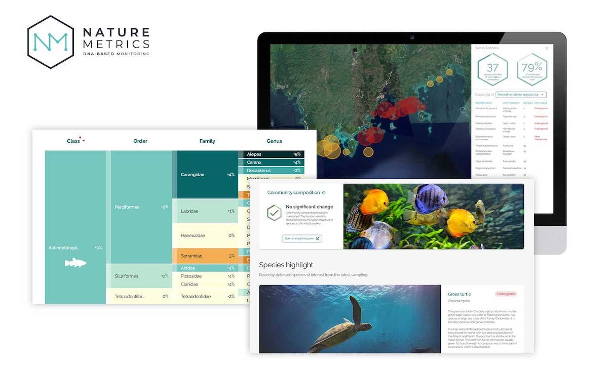 Three of NatureMetrics' dashboards showing biodiversity and species data