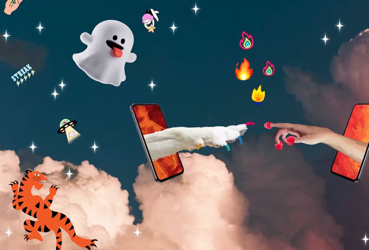 Clouds, a ghost and other elements surrounding Snap’s twist on Michelangelo’s fingers touching  