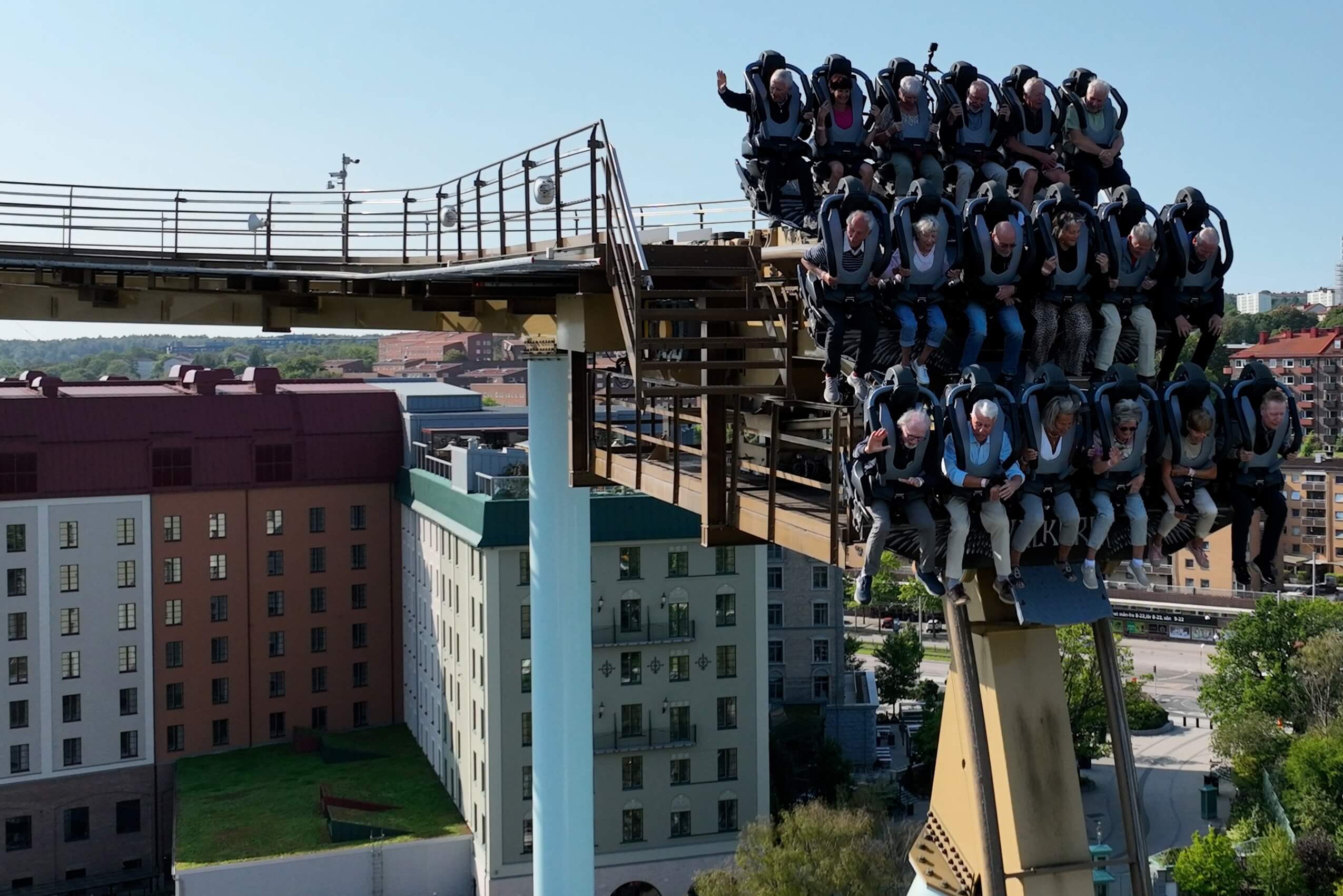 Eighteen octogenarians on Liseberg’s Valkyria roller coaster, about to dive 