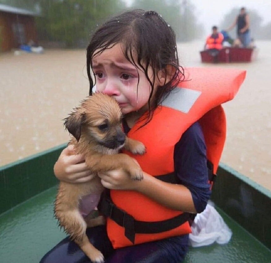 AI-generated image of a frightened little girl on a boat, holding a puppy 