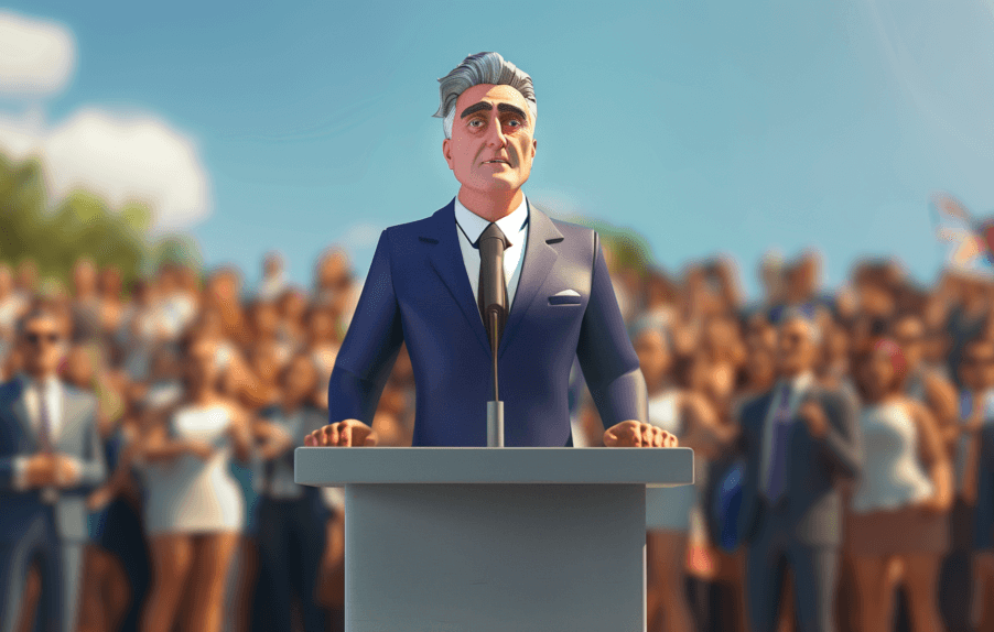 A 3D animated character with gray hair and prominent eyebrows stands behind a podium, dressed in a blue suit and tie 