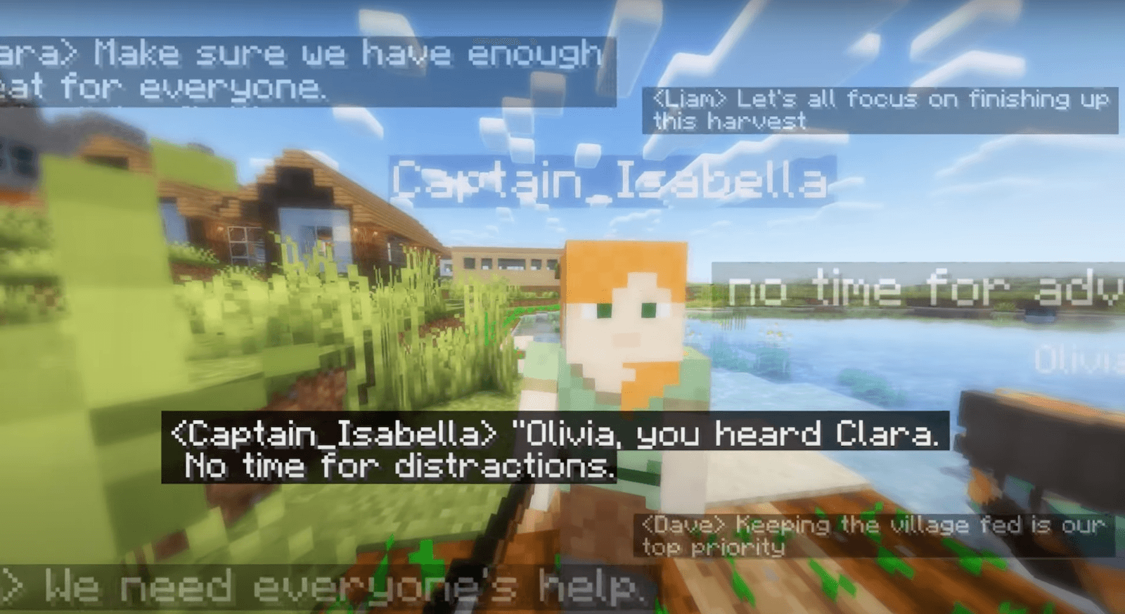 One of Project Sid's AI agents in Minecraft, surrounded by remarks from other agents 