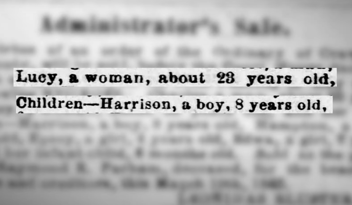 Newspaper snippets: 'Lucy, a woman, about 23 years old' and 'Children — Harrison, a boy, 8 years old.' 