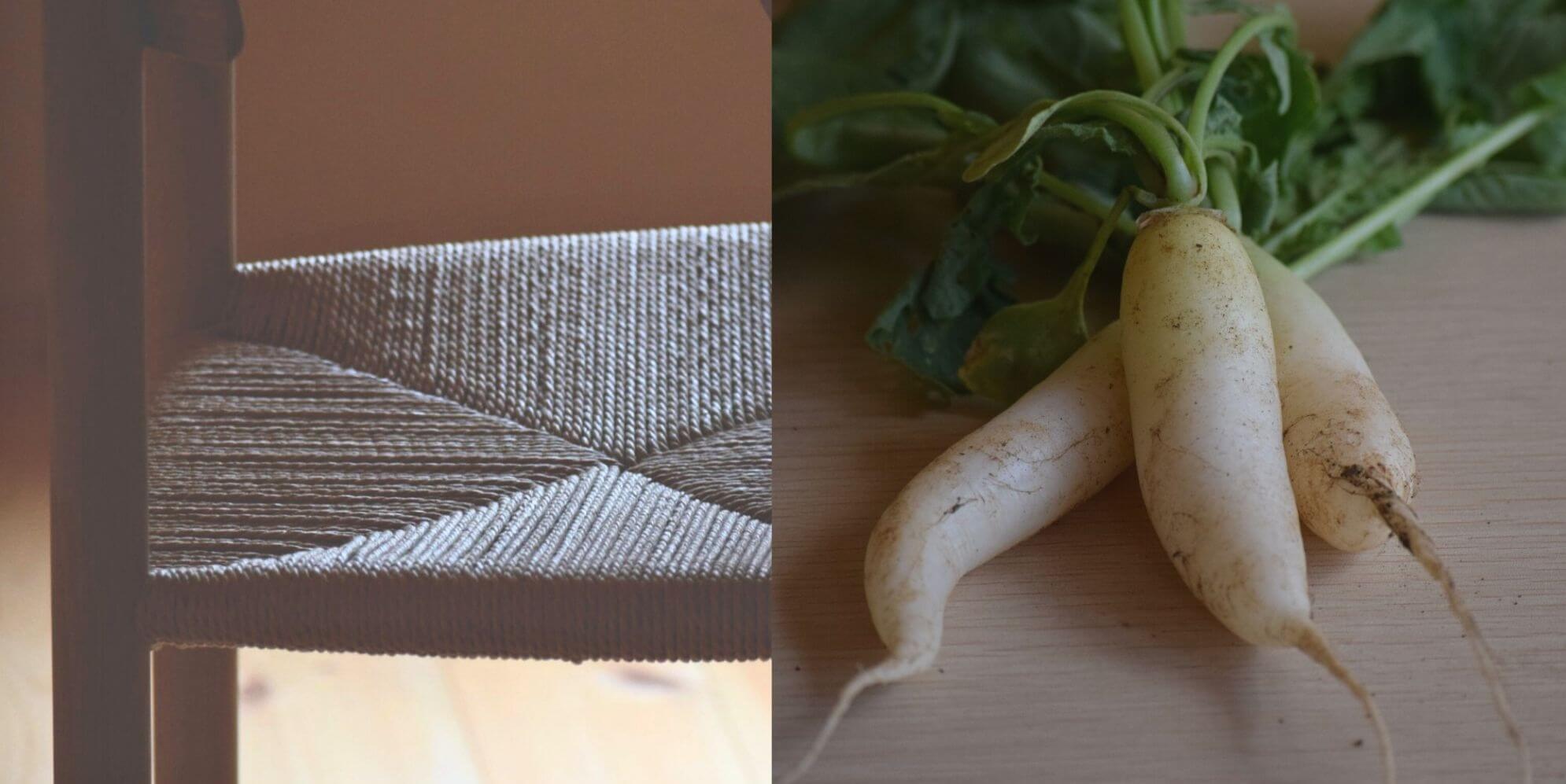 Two images: one a chair with a woven seat, the other a bunch of fresh white radishes 