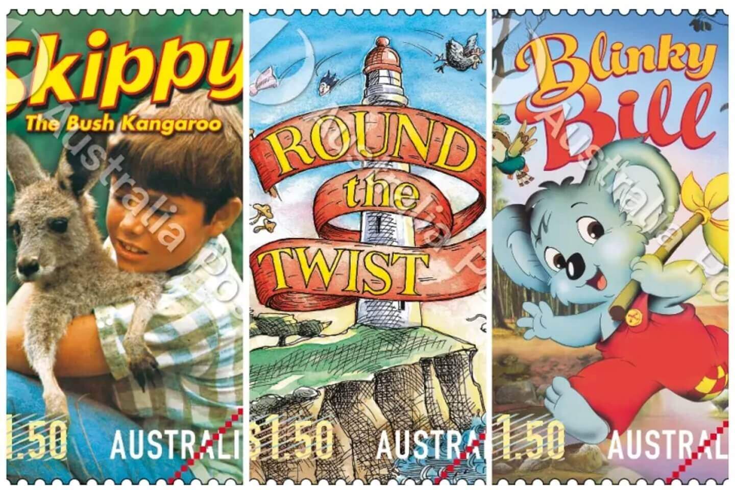 Three of Australia Post's Kids' Showtime Greats stamps 