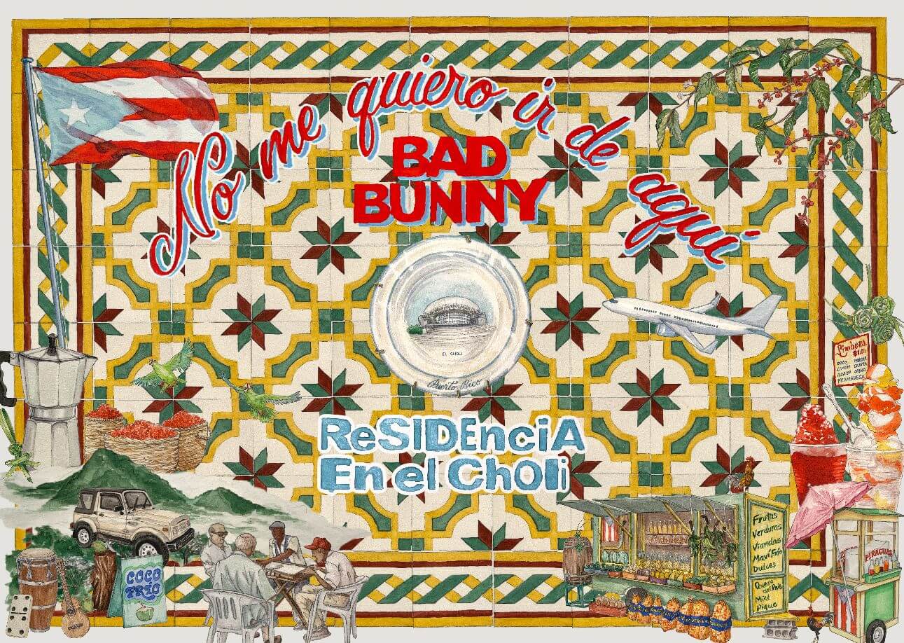 Illustrated poster for Bad Bunny's residency, showing elements of Puerto Rican culture 