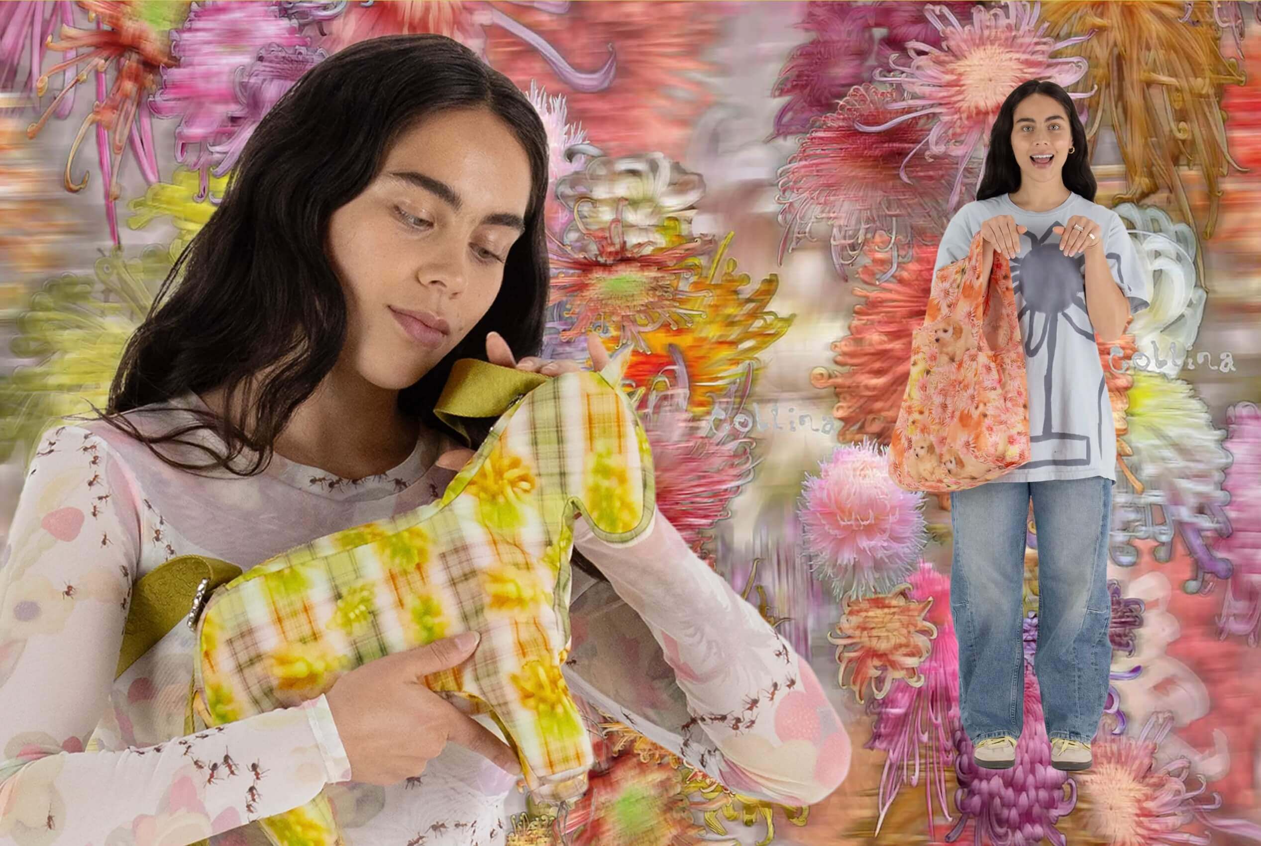 Dreamy images of model with Collina Strada’s designs for Baggu 