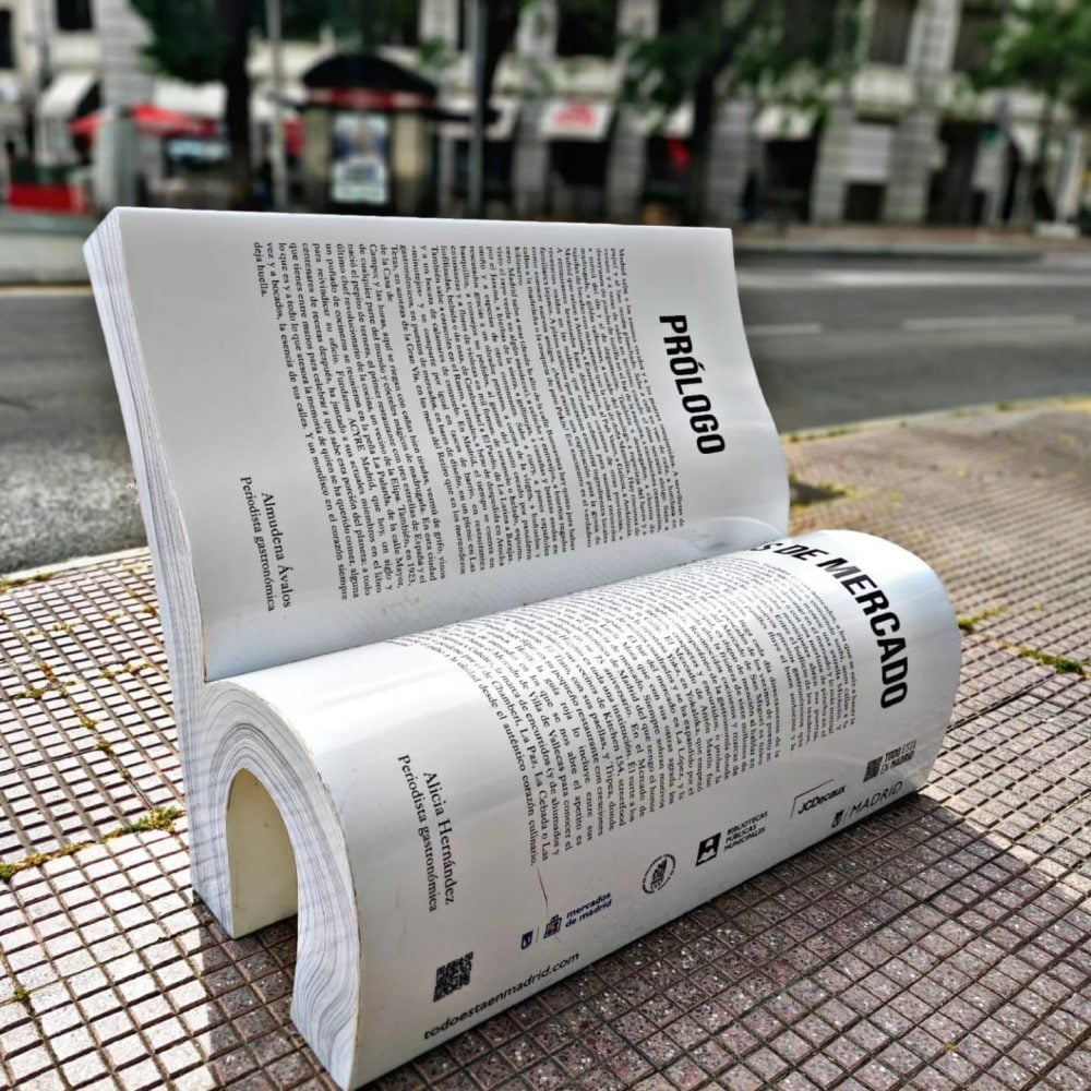 A bench in the shape of an open book, on a street in Madrid 