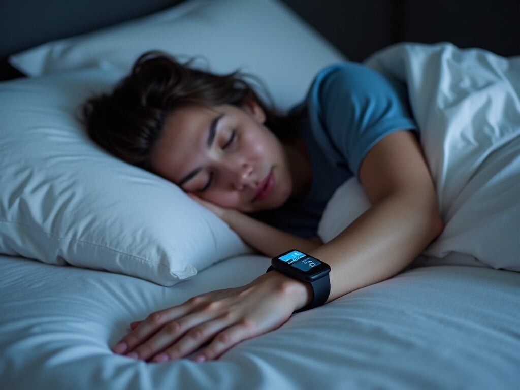 Woman sleeping, with a smart watch on her wrist 