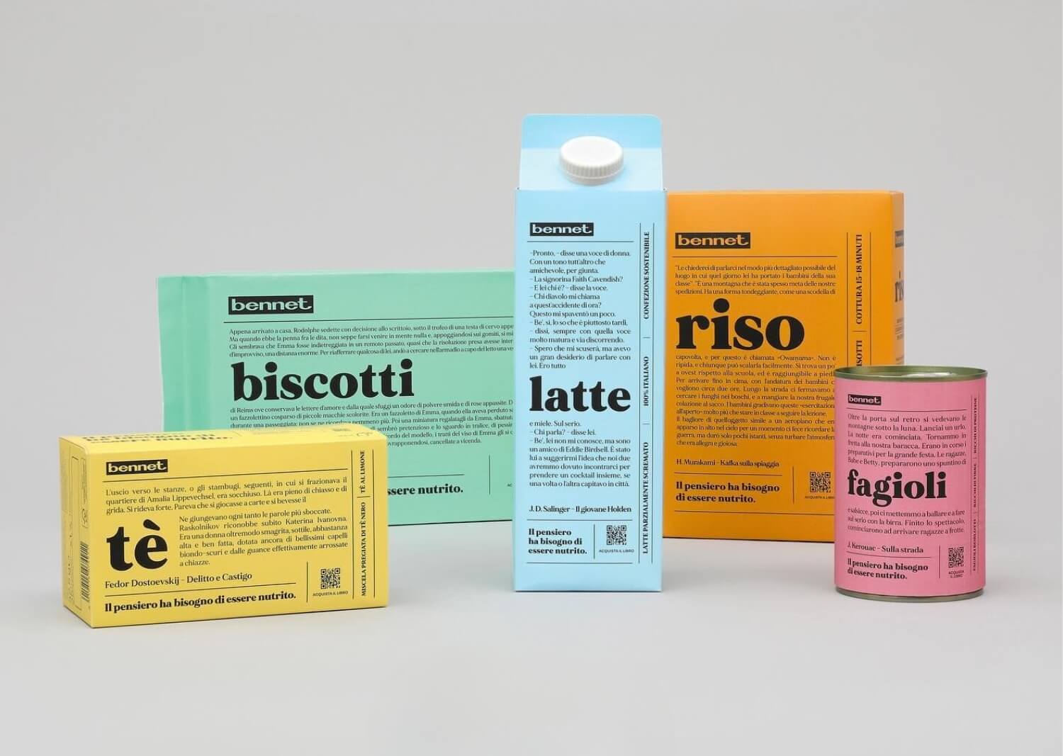 Pastel-colored packs of food covered in exerpts from famous novels 