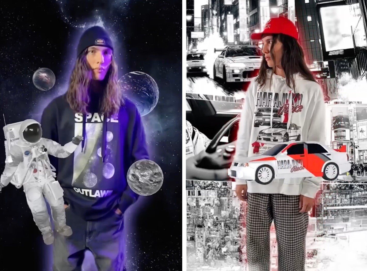 Two people wearing Bershka sweatshirts, overlaid with AR elements 