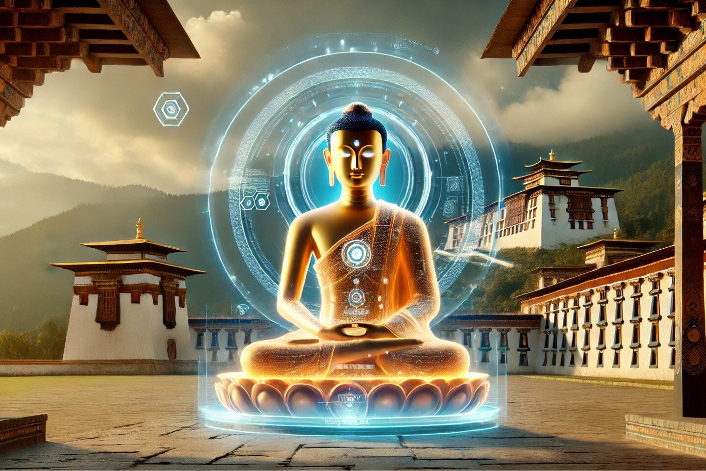 AI-generated illustration of a Buddha surrounded by a blue cyber glow and Bhutanese buildings 