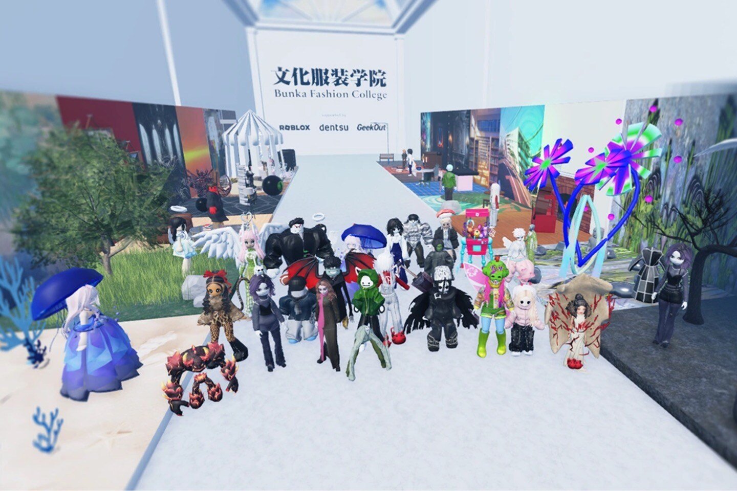 A varied collection of outfits in front of Bunka Fashion College in Roblox 