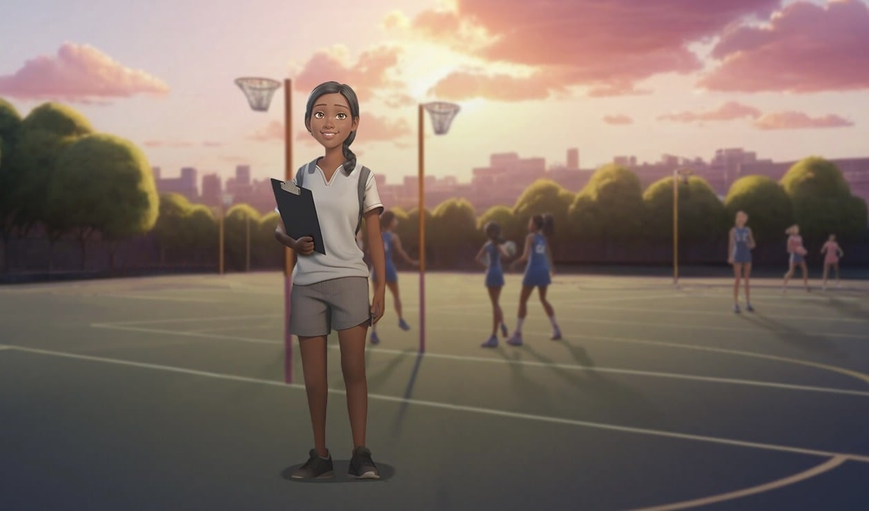 A female sports coach rendered as a 3D, animated character 
