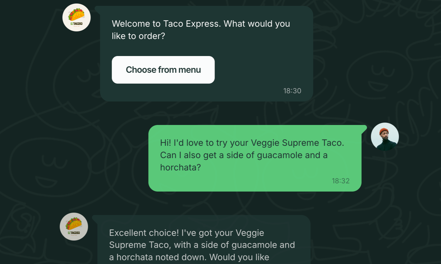 A customer chatting with a taco restaurant to place an order  