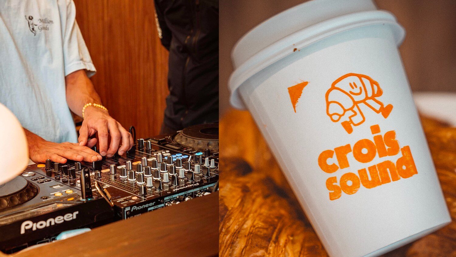 DJ at a turntable, plus a takeaway cup with Croissound's name and croissant mascot 