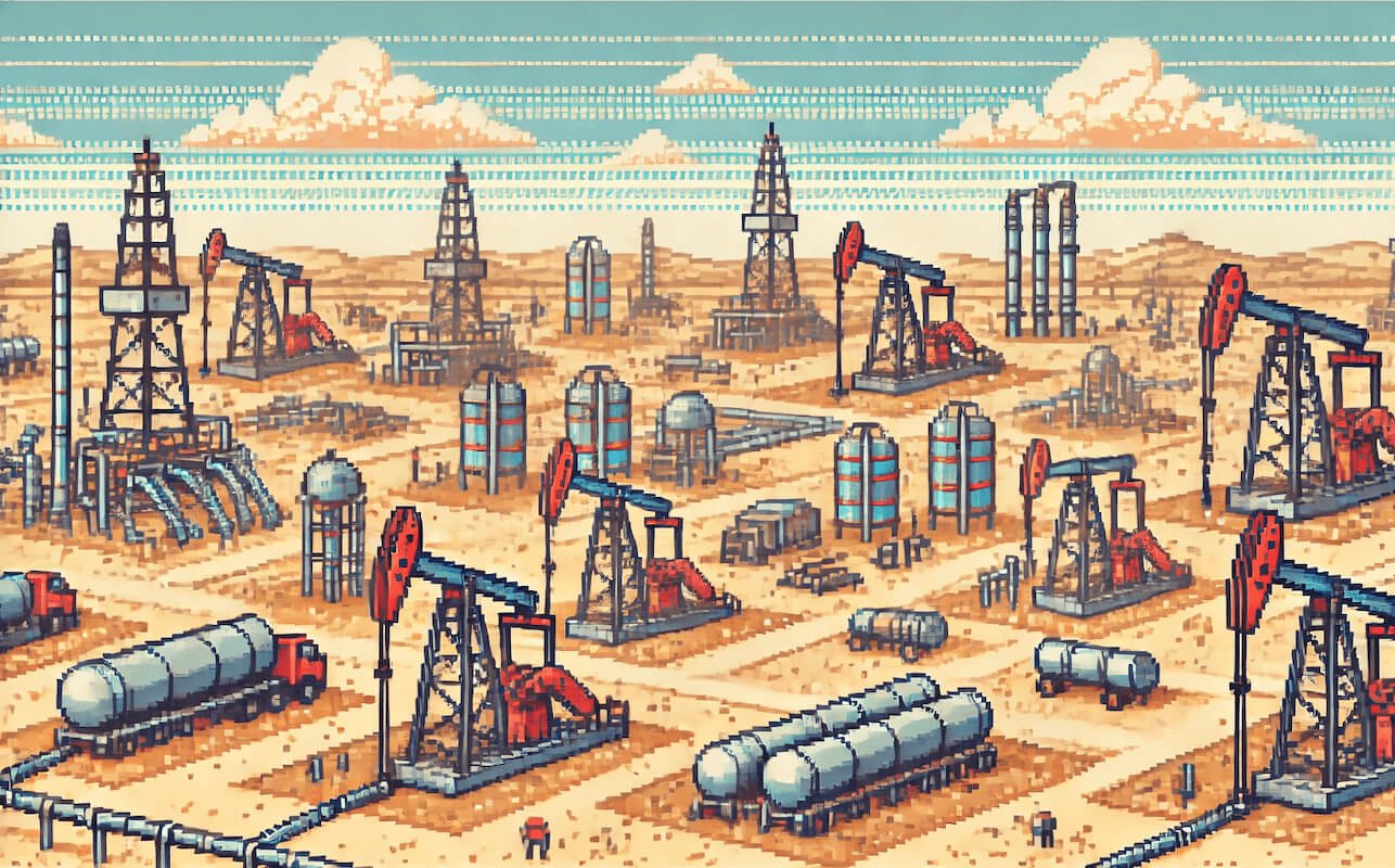 Pixelated illustration of a busy oil field 