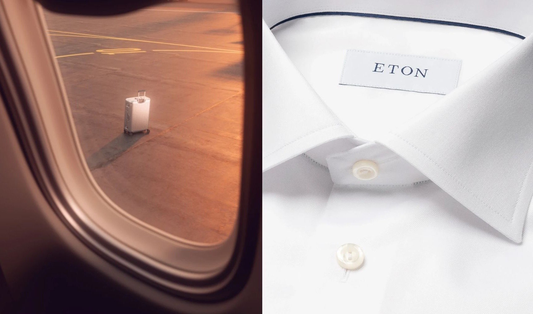 Two images: suitcase on tarmac viewed from plane, and crisp white collar of a dress shirt 