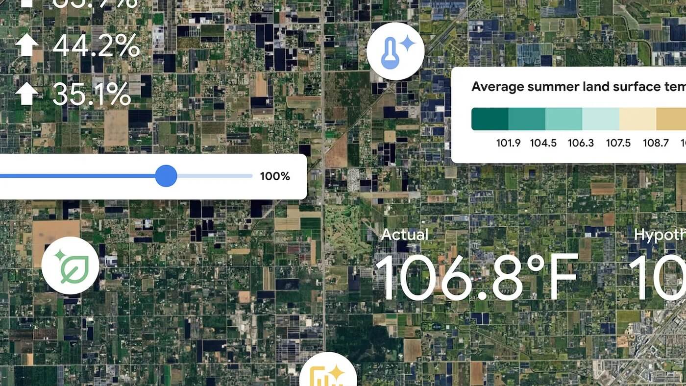 Satellite image of a city, with UI elements from Google's Heat Resilience tool 