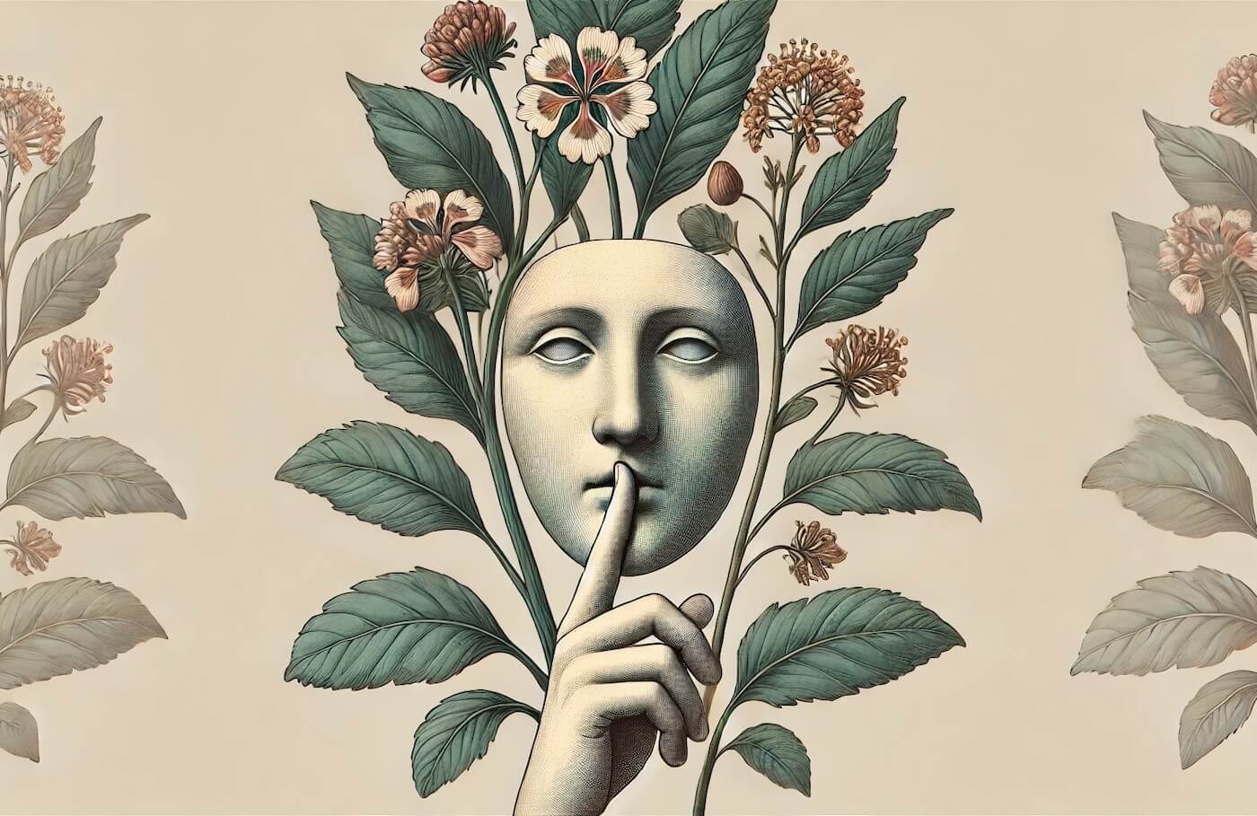 Vintage-style illustration of a face framed by plants, with a finger held to its mouth 