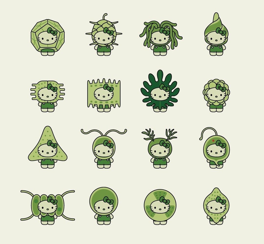 Hello Kitty portrayed as 32 different types of algae 