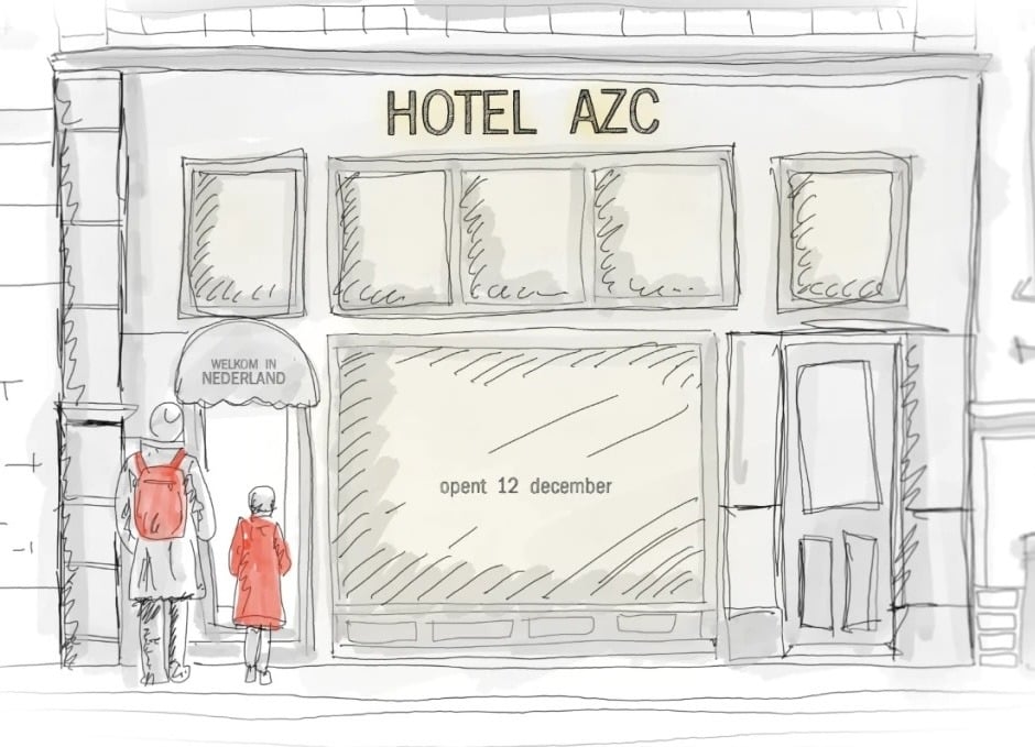 An illustration of an adult and a child standing outside 'Hotel AZC' 