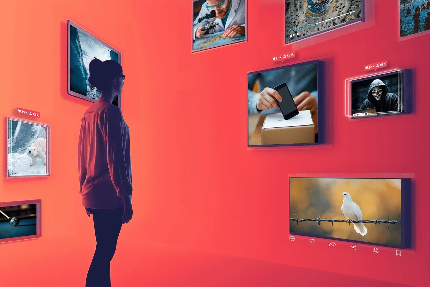 Woman in red room looking a screens showing symbols of elections, deepfakes, war, climate change 