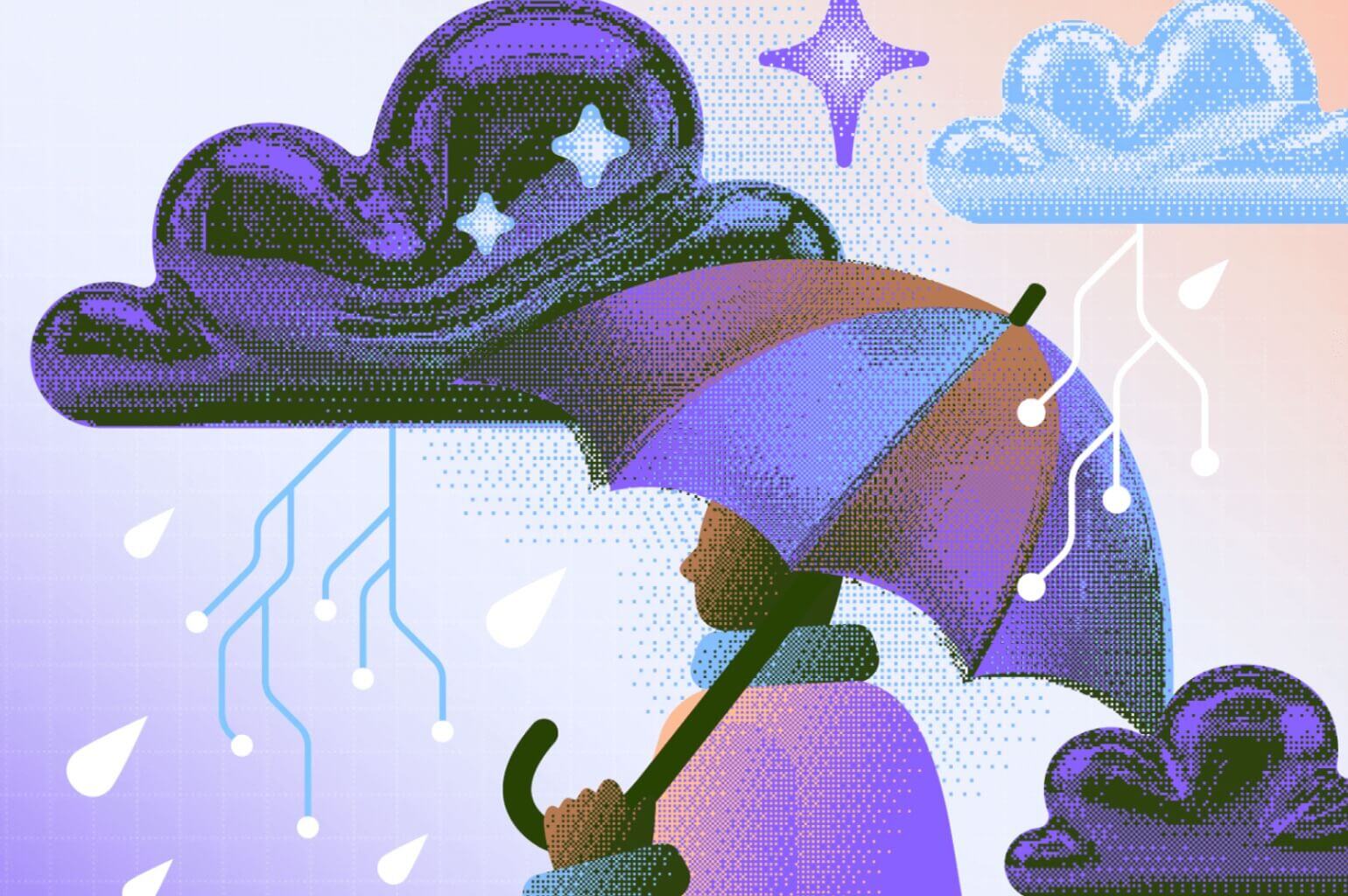 Illustration of a person holding an open umbrella as rain pours down 