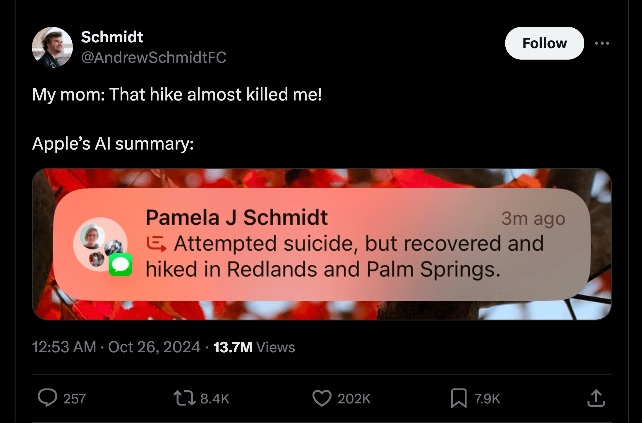 AndrewSchmidtFC's tweet showing how his mom's text about a grueling hike was misinterpreted by Apple's AI 