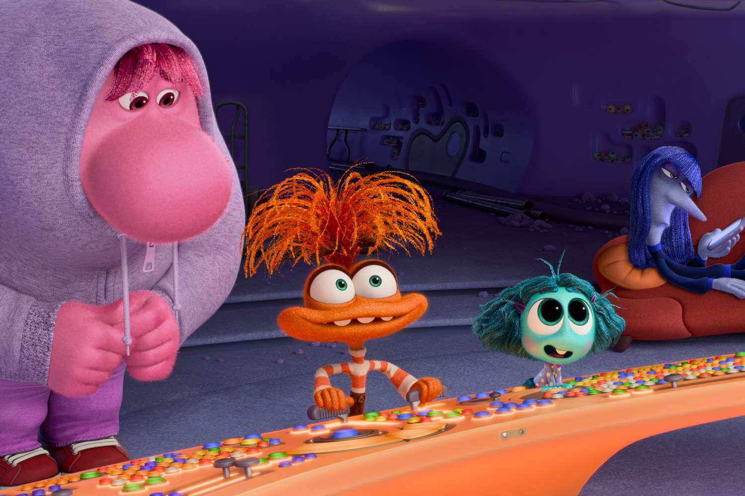 A film still from Inside Out 2, showing four of Riley’s emotions 