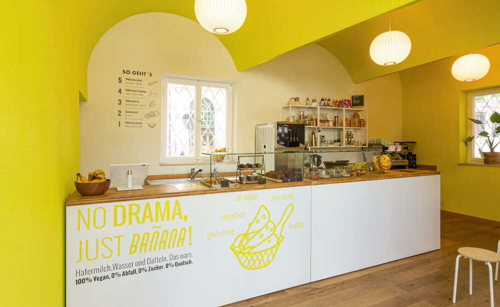 Yellow interior of Keep Banana's ice cream shop