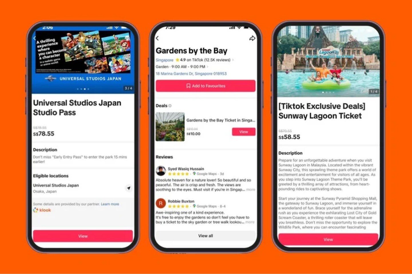 Phone screens showing booking pages for travel experiences 