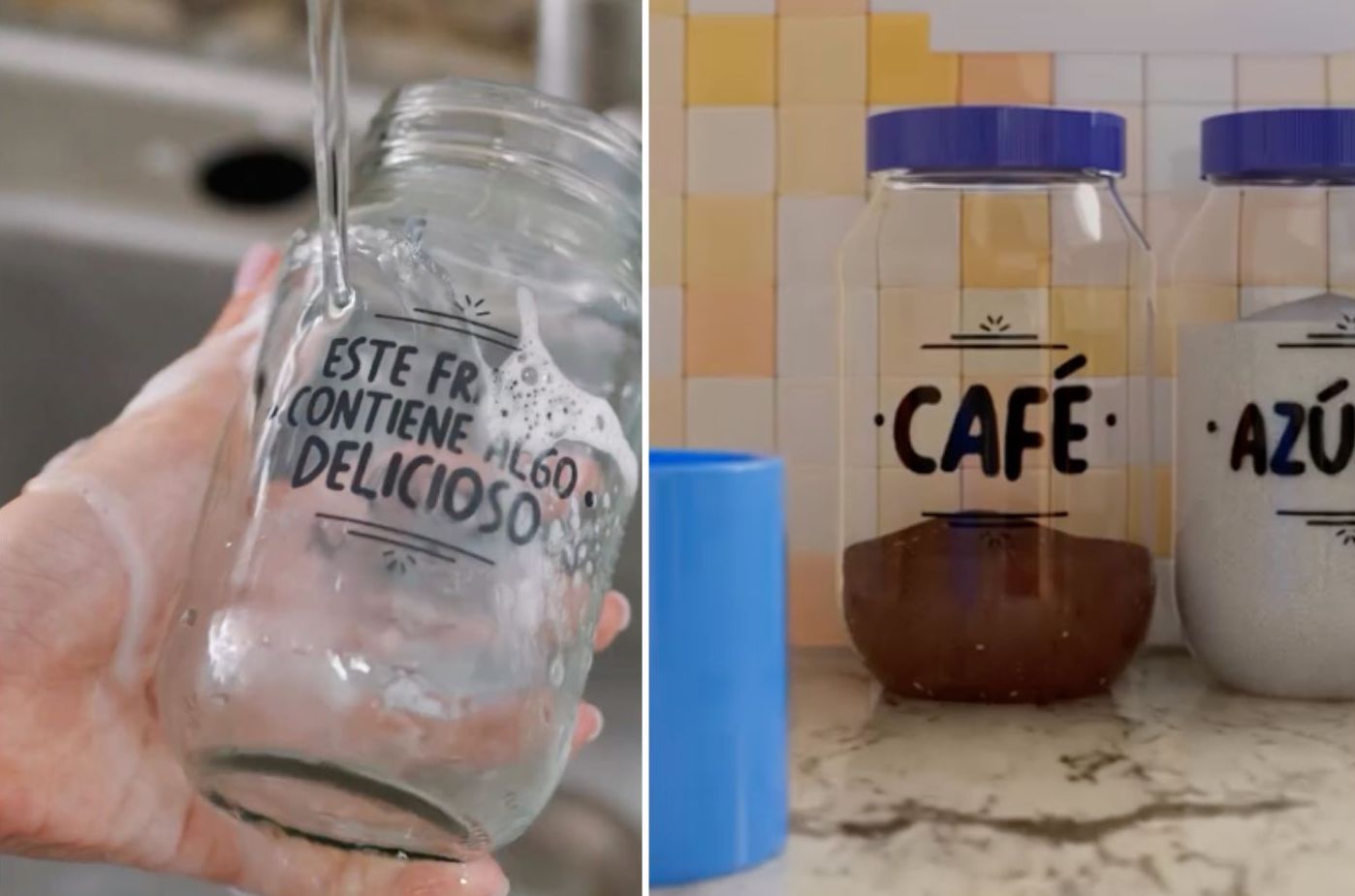 Two glass jars featuring printed text, including 'café' 