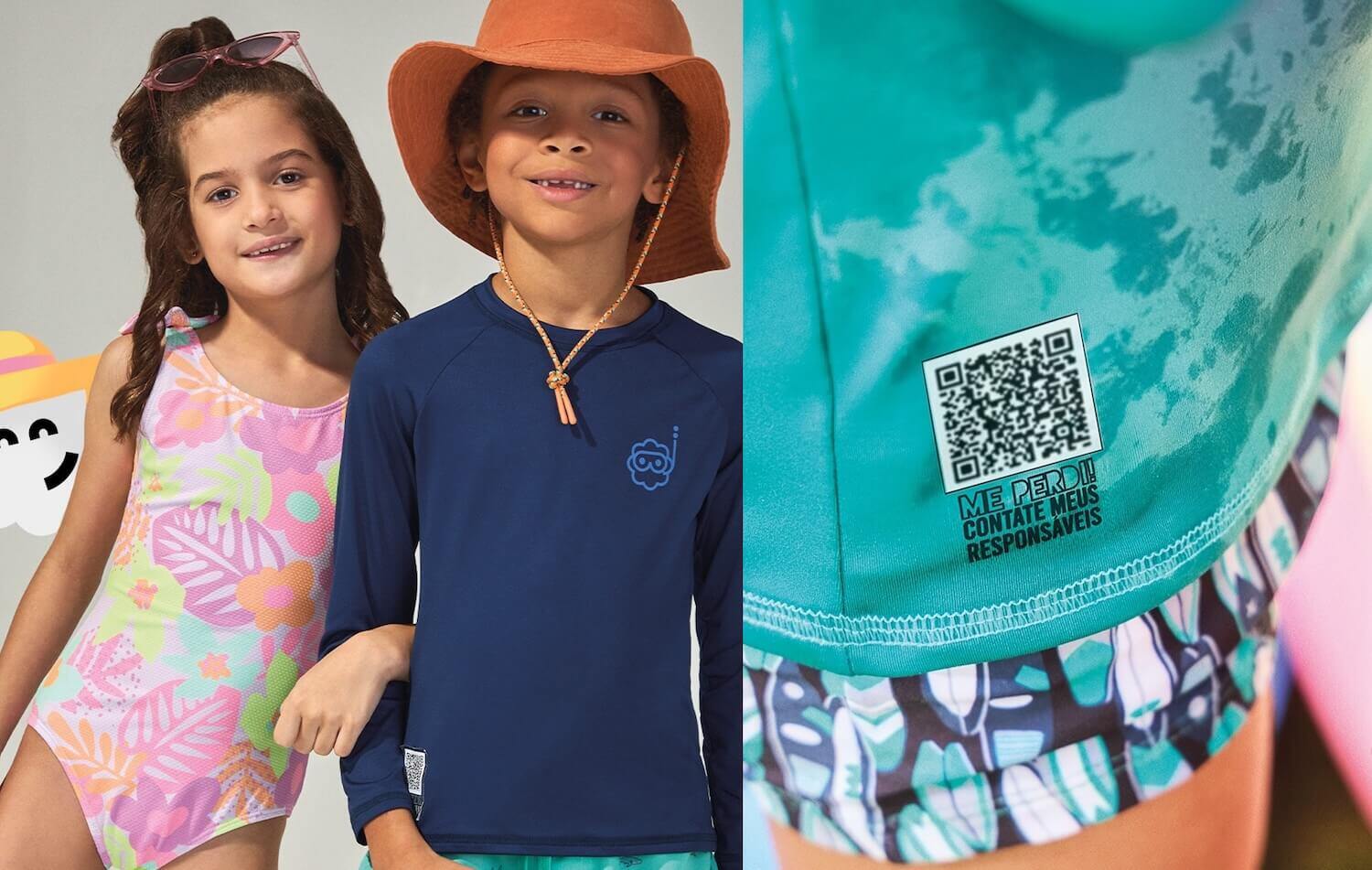 Two kids in beachwear, plus a closeup of a QR code on a shirt 