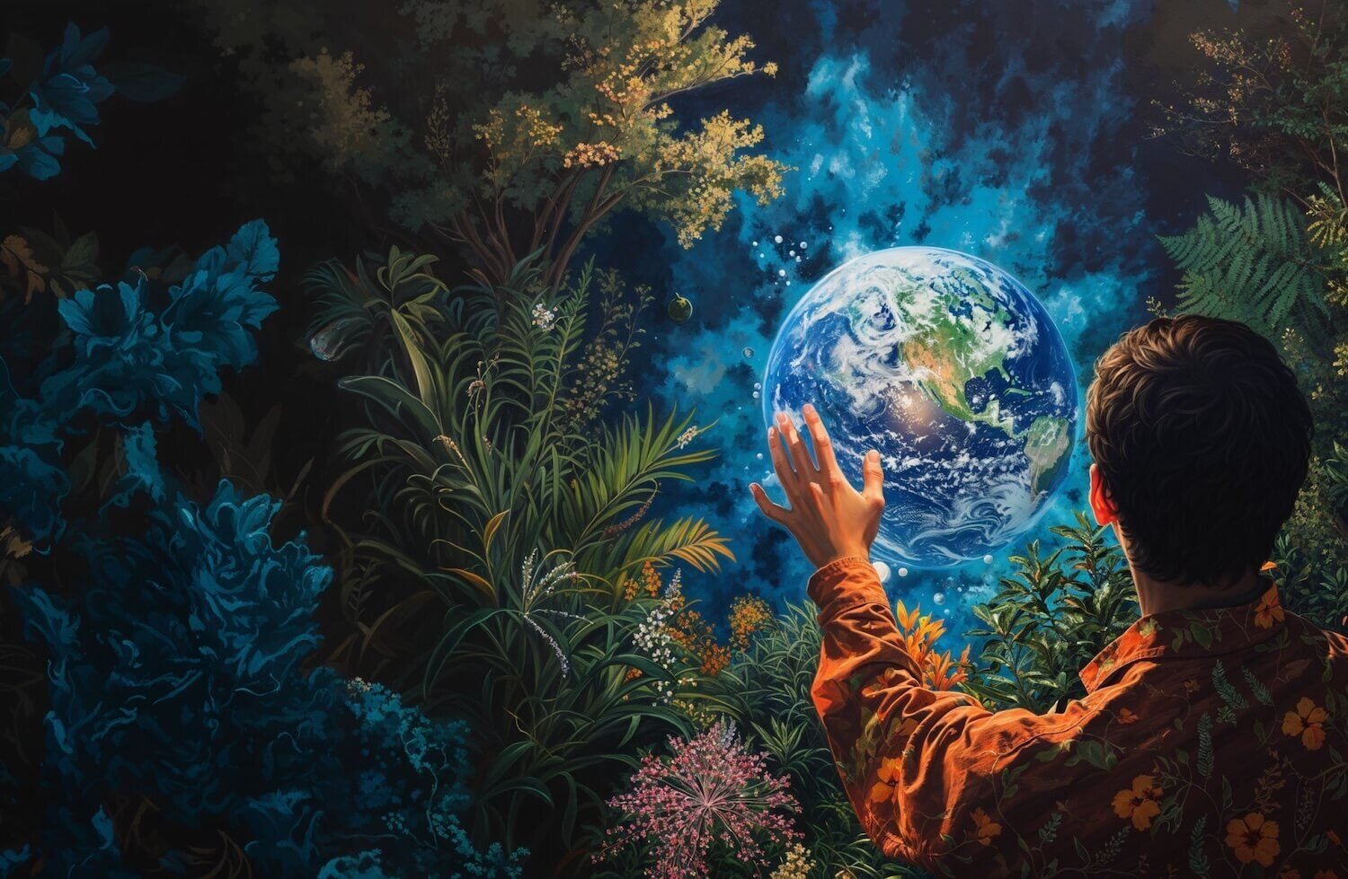 Illustration of a person in verdant surroundings, reaching their arms out to planet Earth 