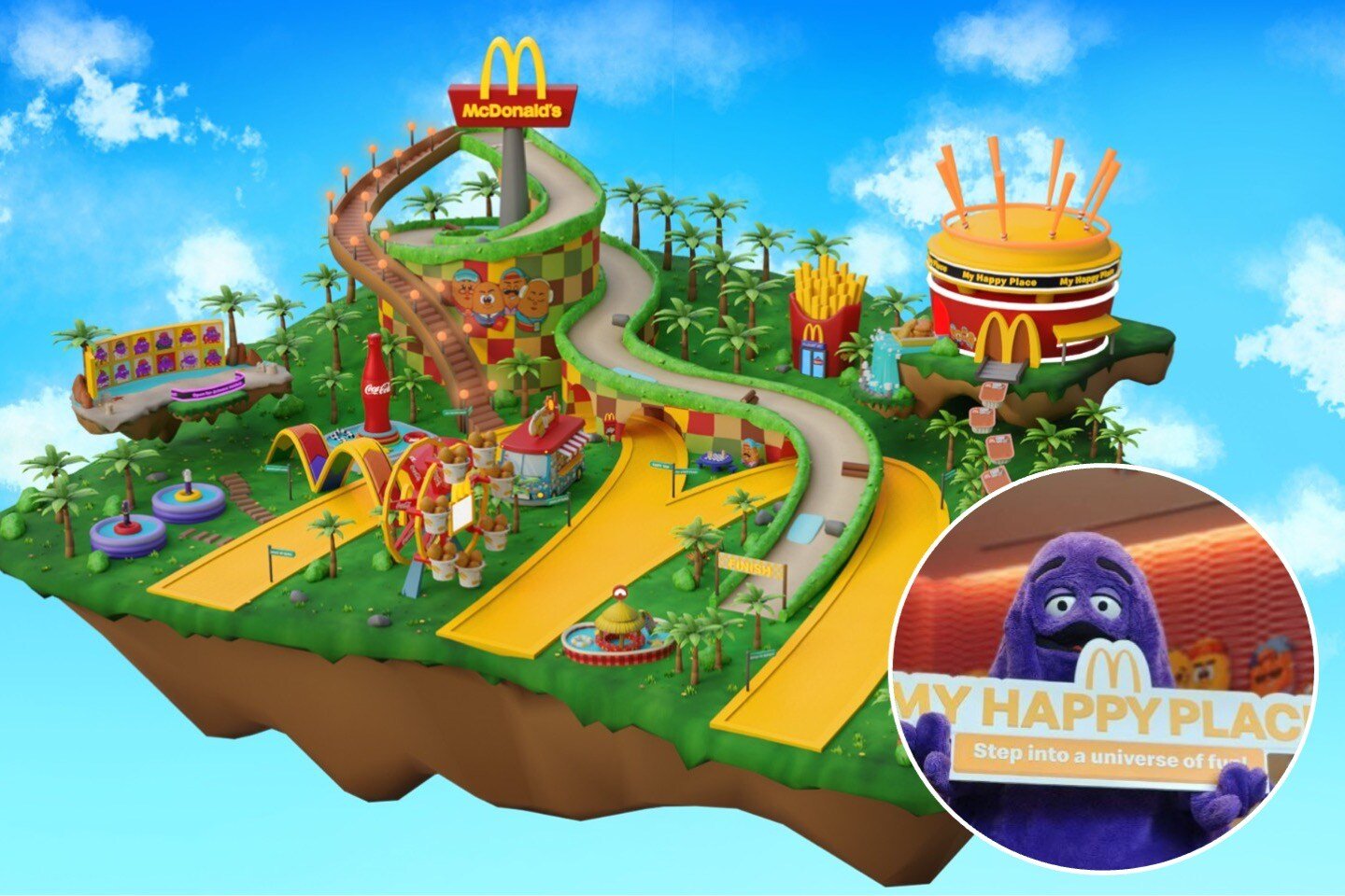 McDonald’s new metaverse shown as a floating island with Grimace in the foreground 