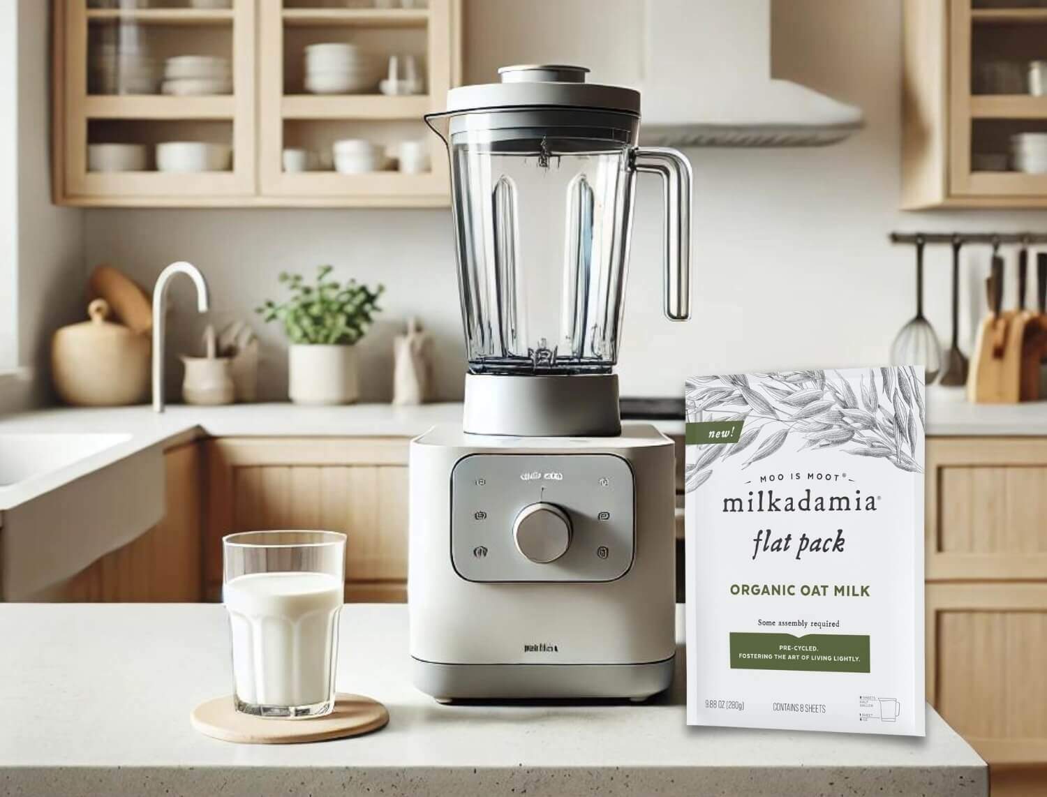 Blender and glass of oat milk on a counter, next to a flat pack of Milkadamia oat milk 