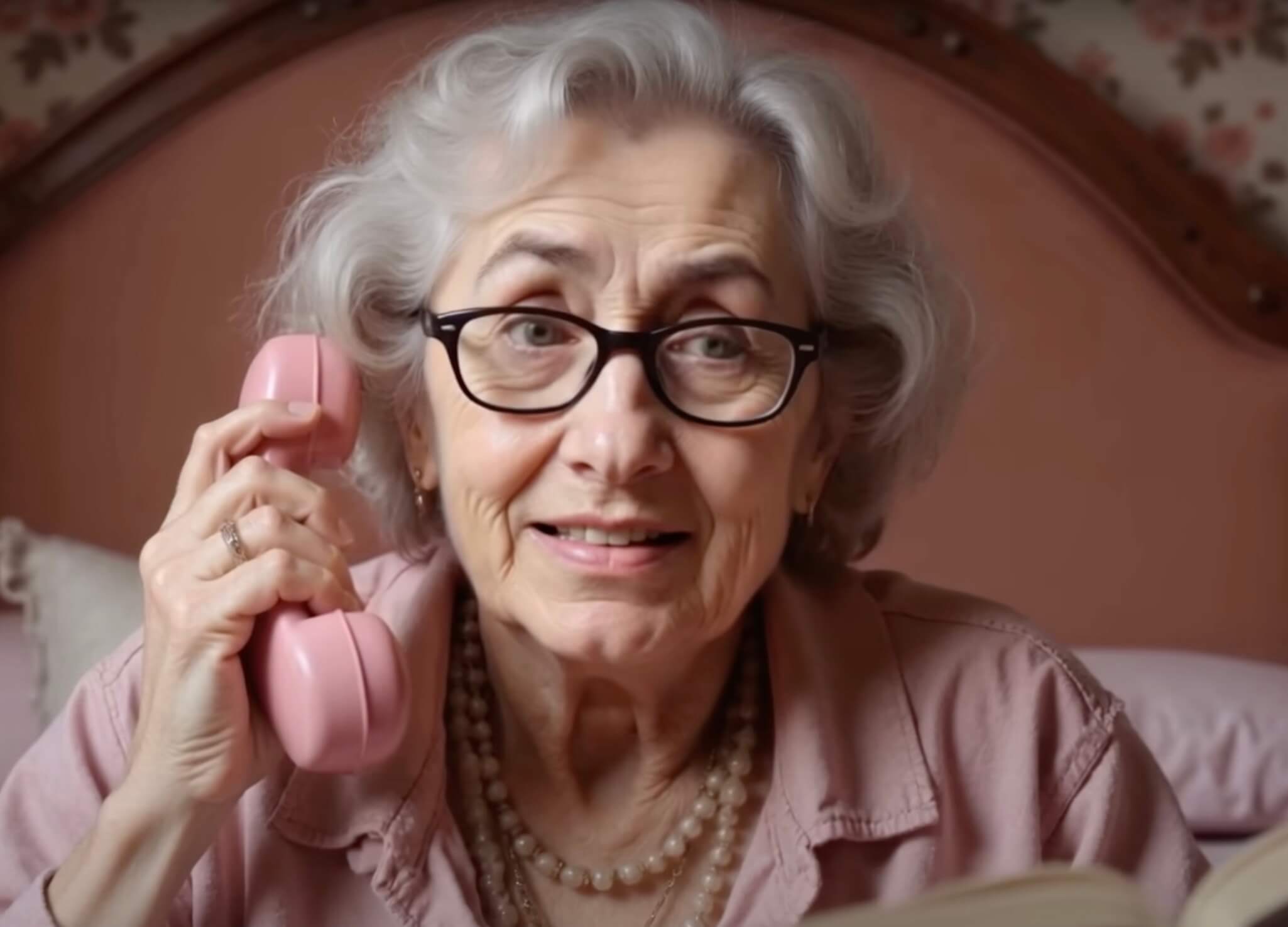 Woman with gray hair and glasses holding a pink phone 