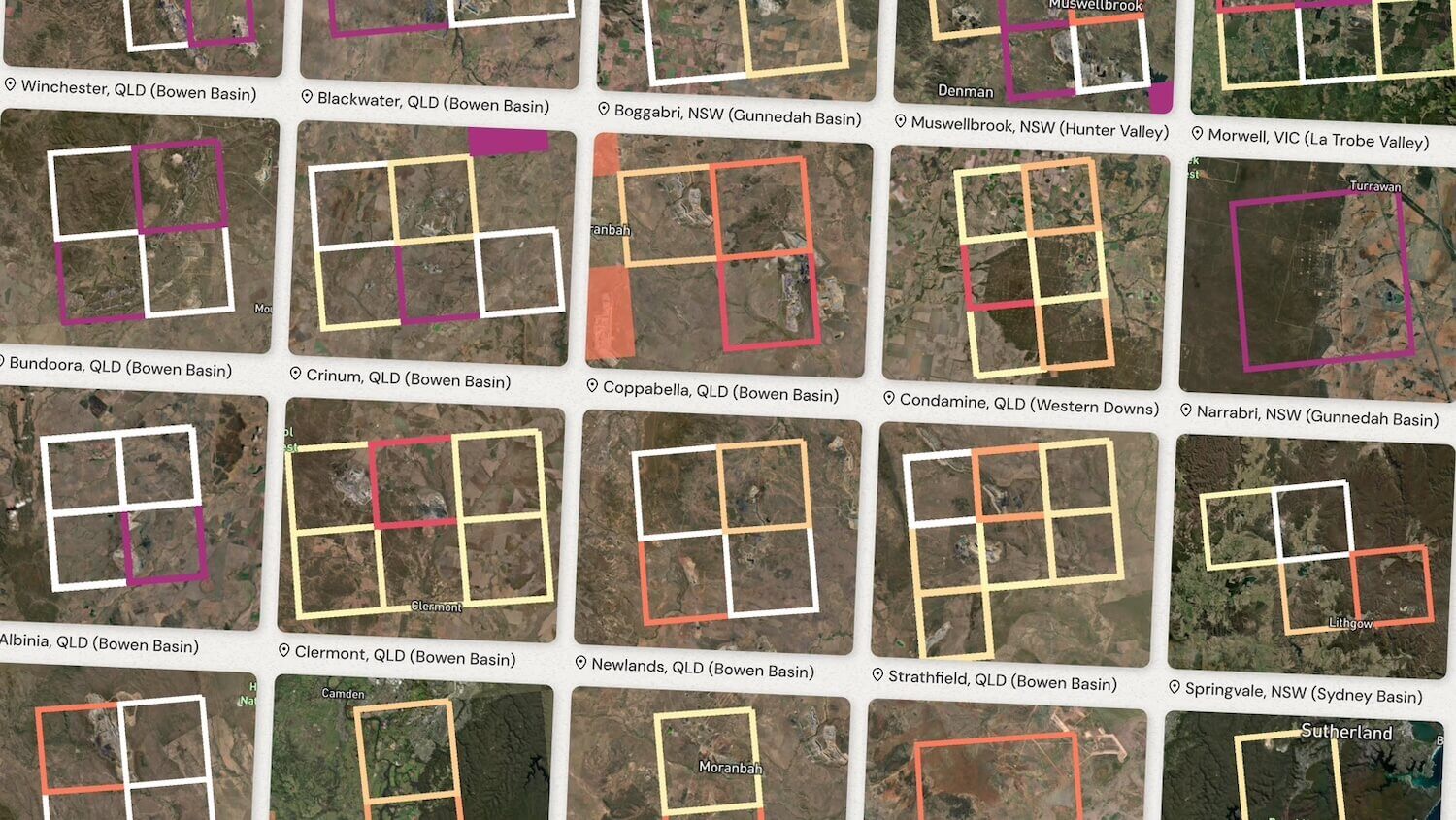 Squares overlaid on satellite images of methane-emitting hotspots 