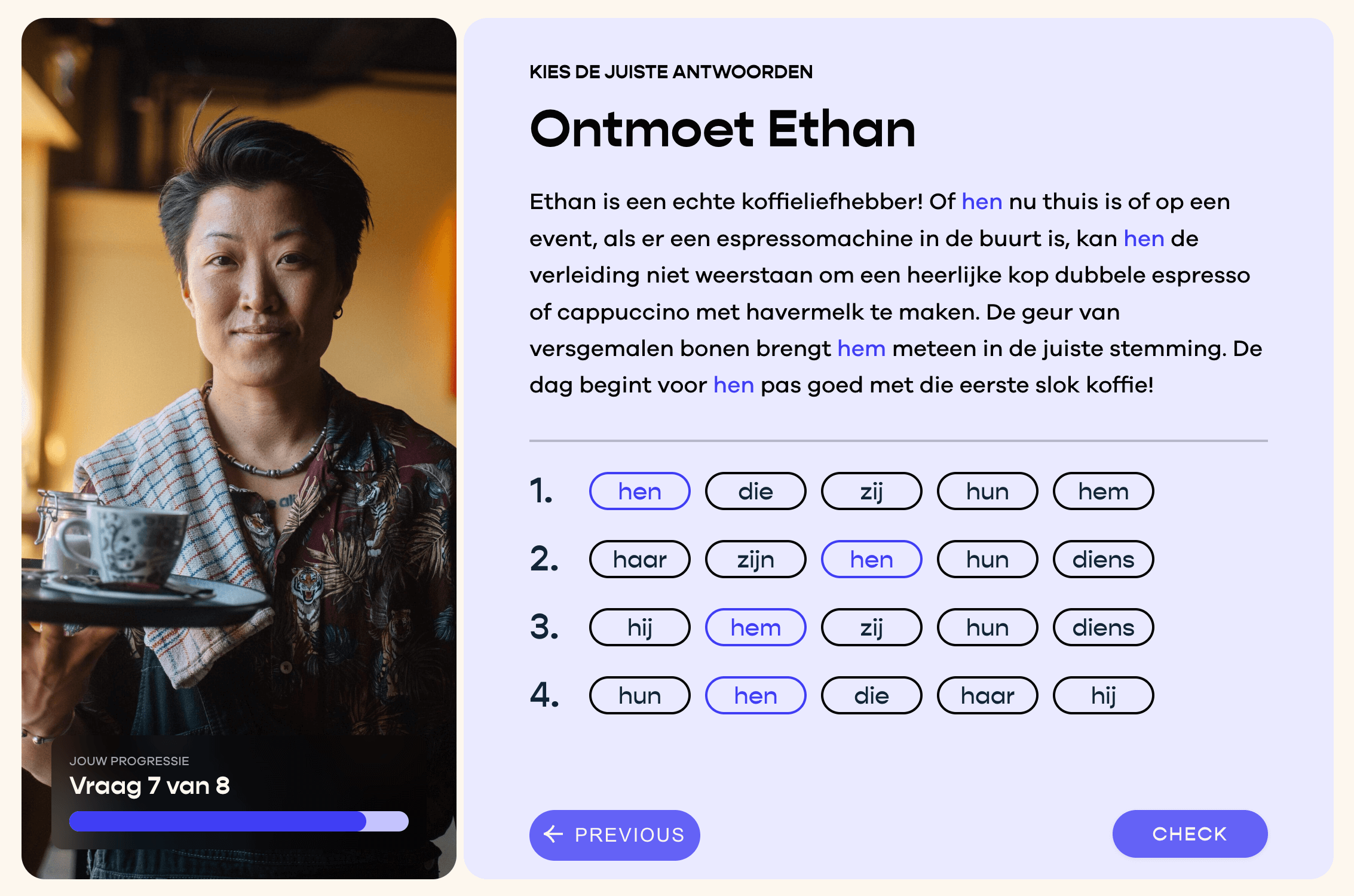 Screenshot from Pro-Now game, showing Ethan and practicing their pronouns  