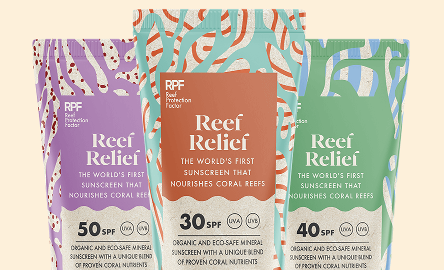 Package shots of Reef Relief sunscreen in colorful tubes 