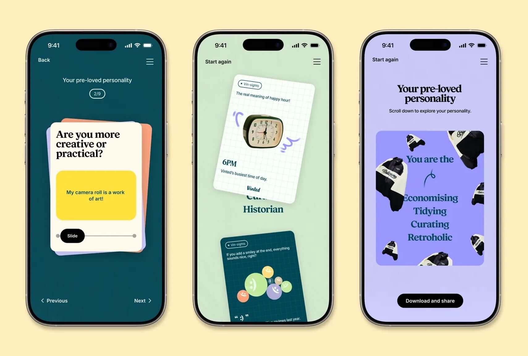 Three phone screenshots from Vinted's Re~invinted personality quiz 