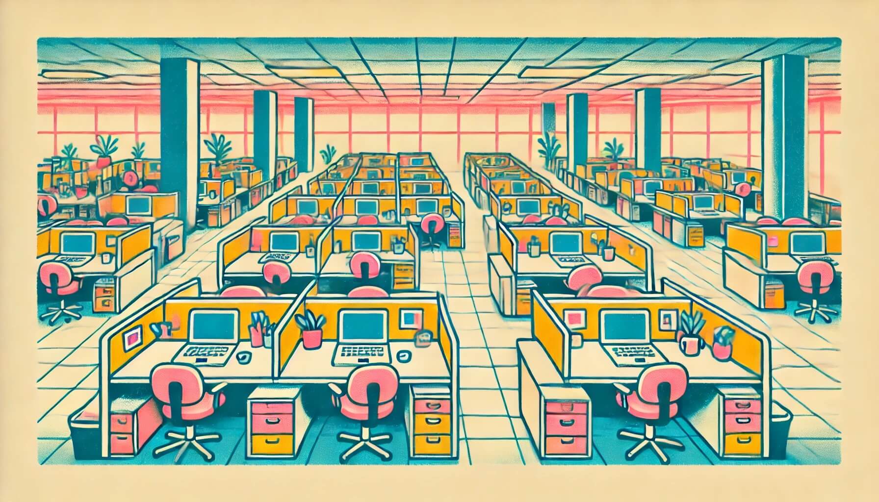 A vintage-style illustration of rows of empty office cubicles 