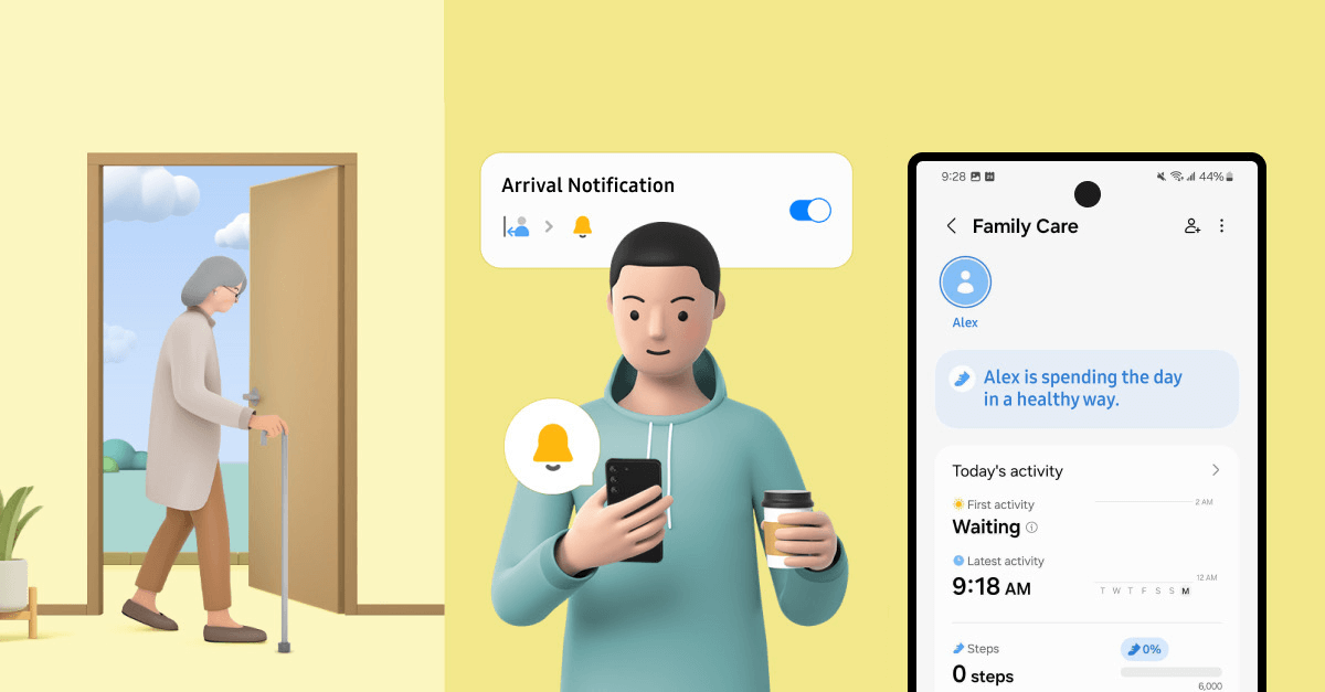 Illustration of older person arriving home and younger person receiving notification 