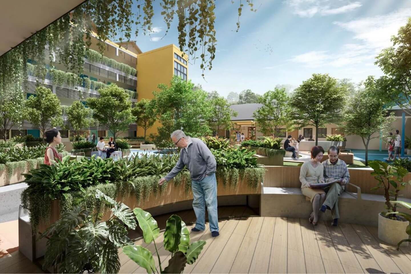 Artist's impression of residents on a sunny terrace 