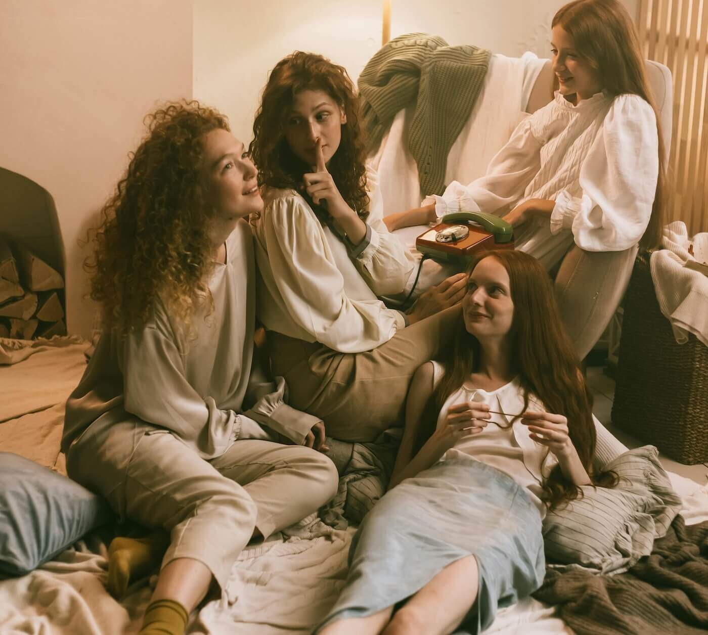 Four female friends lounging around 