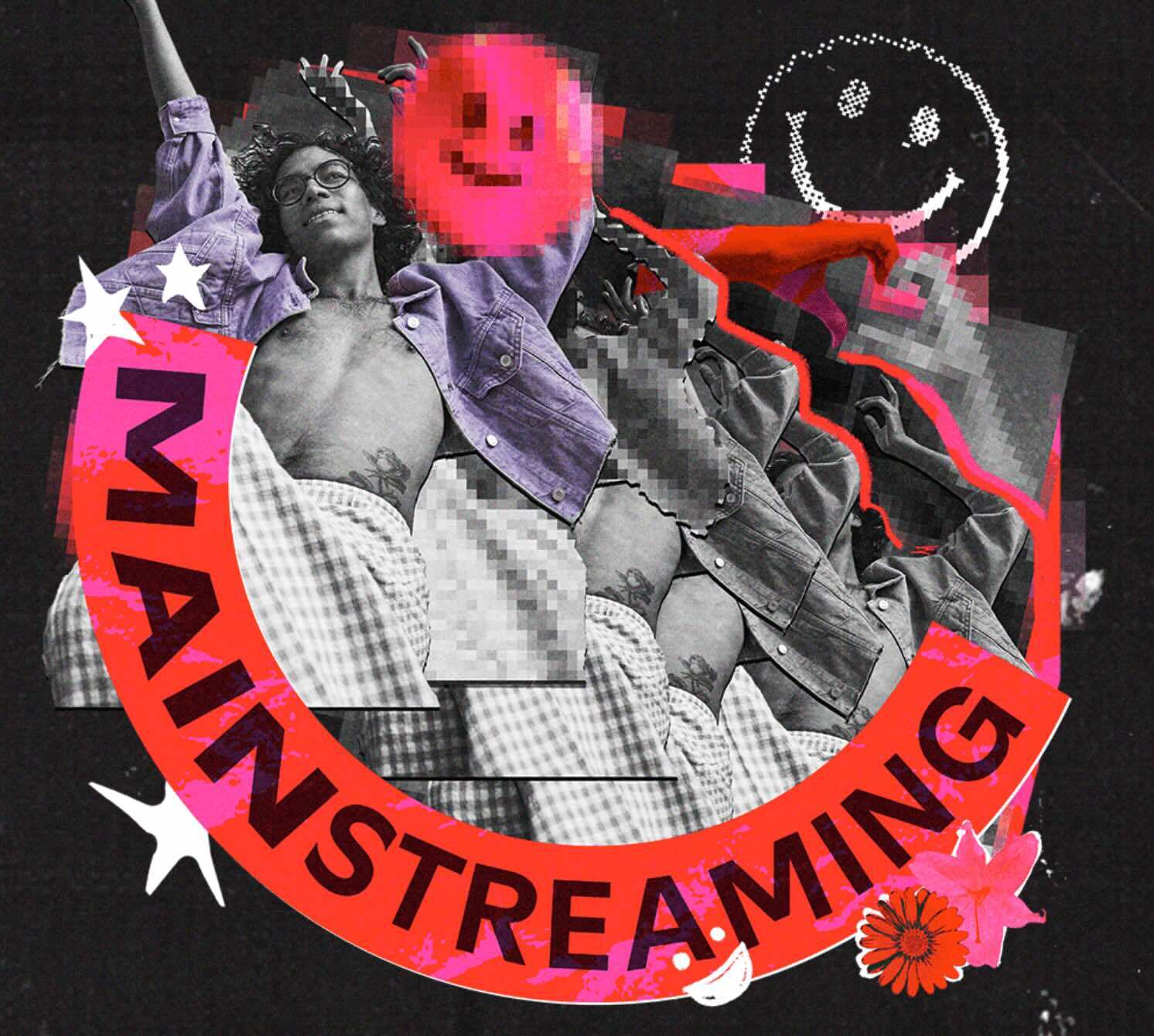 Collage of a person looking free, with the text 'mainstreaming' superimposed 