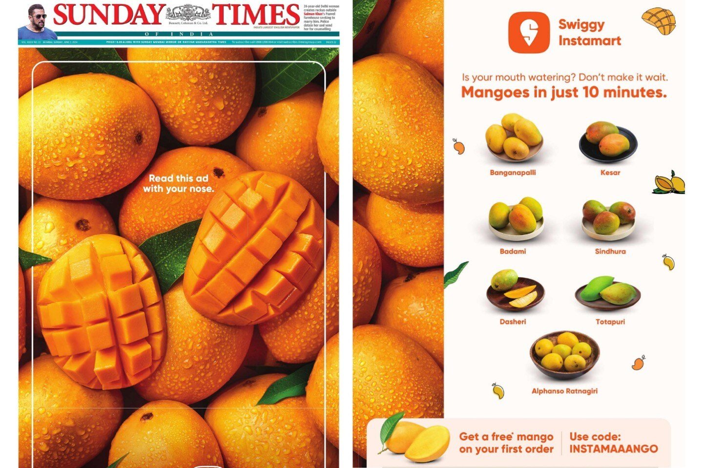 Full-page photo of mangoes on the front of the Times of India Sunday Times 