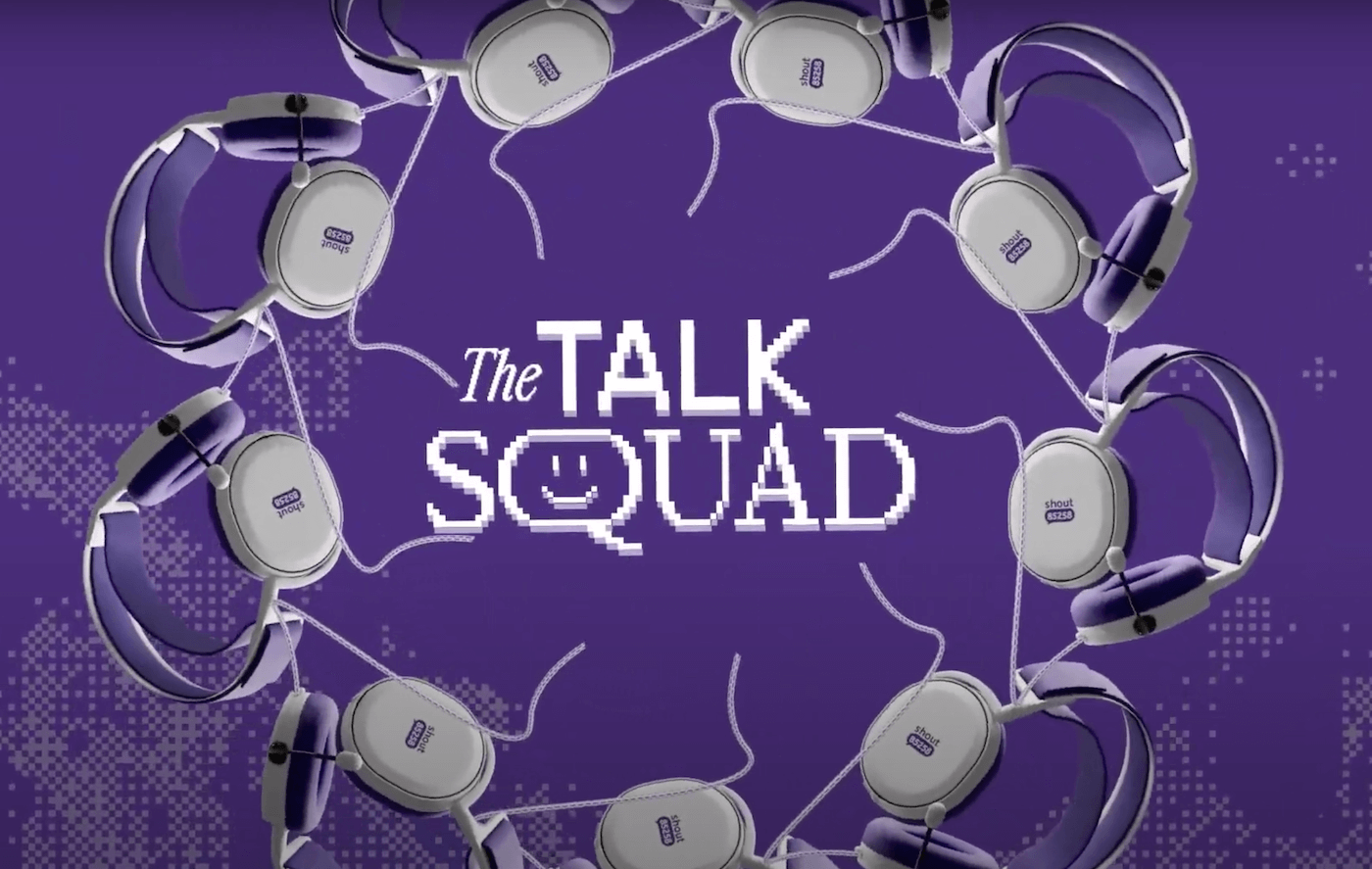 A garland of gaming headsets surrounding the words 'The Talk Squad' 